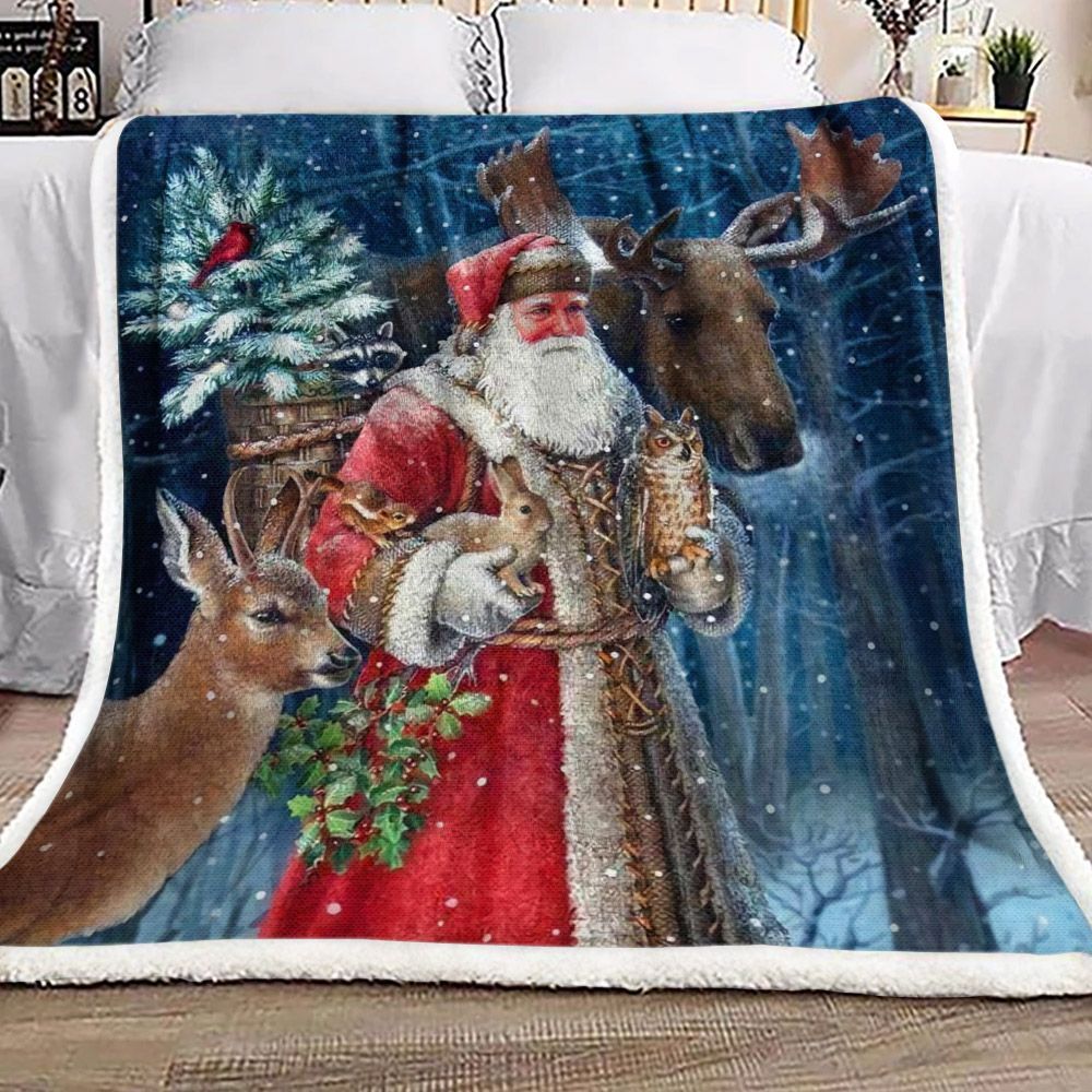 Santa Claus Animals In Forest Sherpa Fleece Blanket