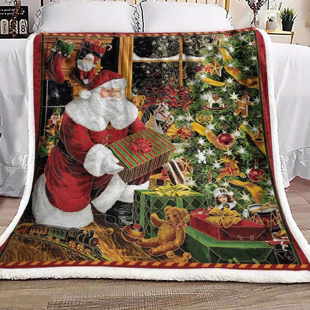 Santa Claus Christmas Gift Sock Sherpa Fleece Blanket
