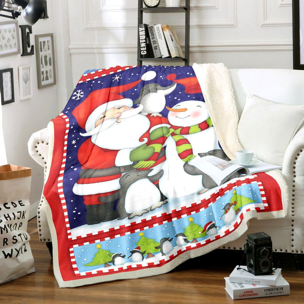 Santa Claus Penguins And Snowman Sherpa Fleece Blanket