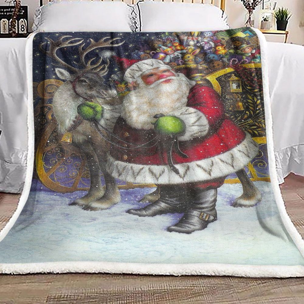 Santa Claus Reindeer Christmas Sherpa Fleece Blanket