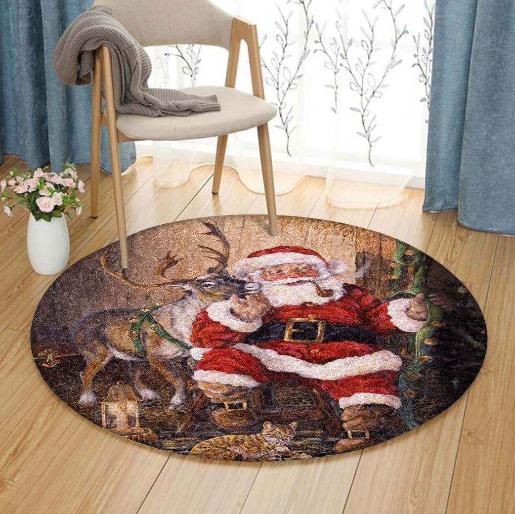 Santa Claus Reindeer Round Carpet