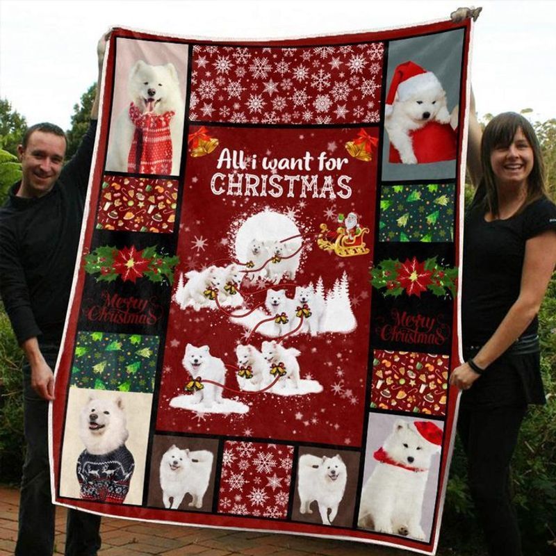 Santa Claus Reindeer Samoyed Christmas Sherpa Fleece Blanket