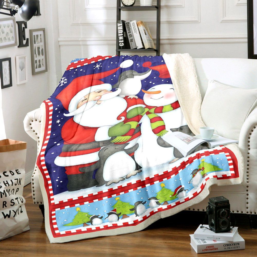 Santa Claus Snowman Merry Christmas Sherpa Fleece Blanket