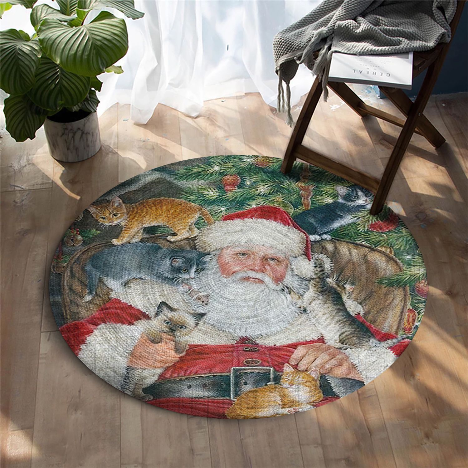 Santa Claus With Cats Round Carpet