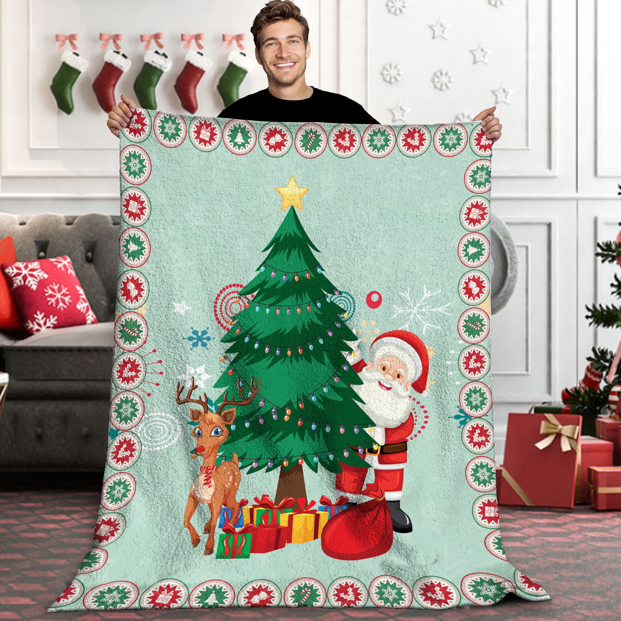 Santa Next To Christmas Tree Sherpa Fleece Blanket