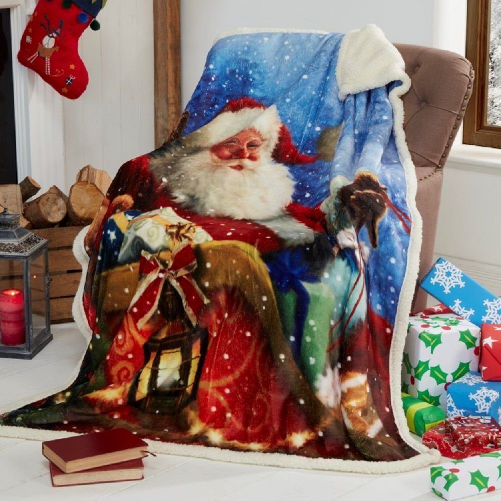 Santa Sleigh Father Christmas Sherpa Fleece Blanket