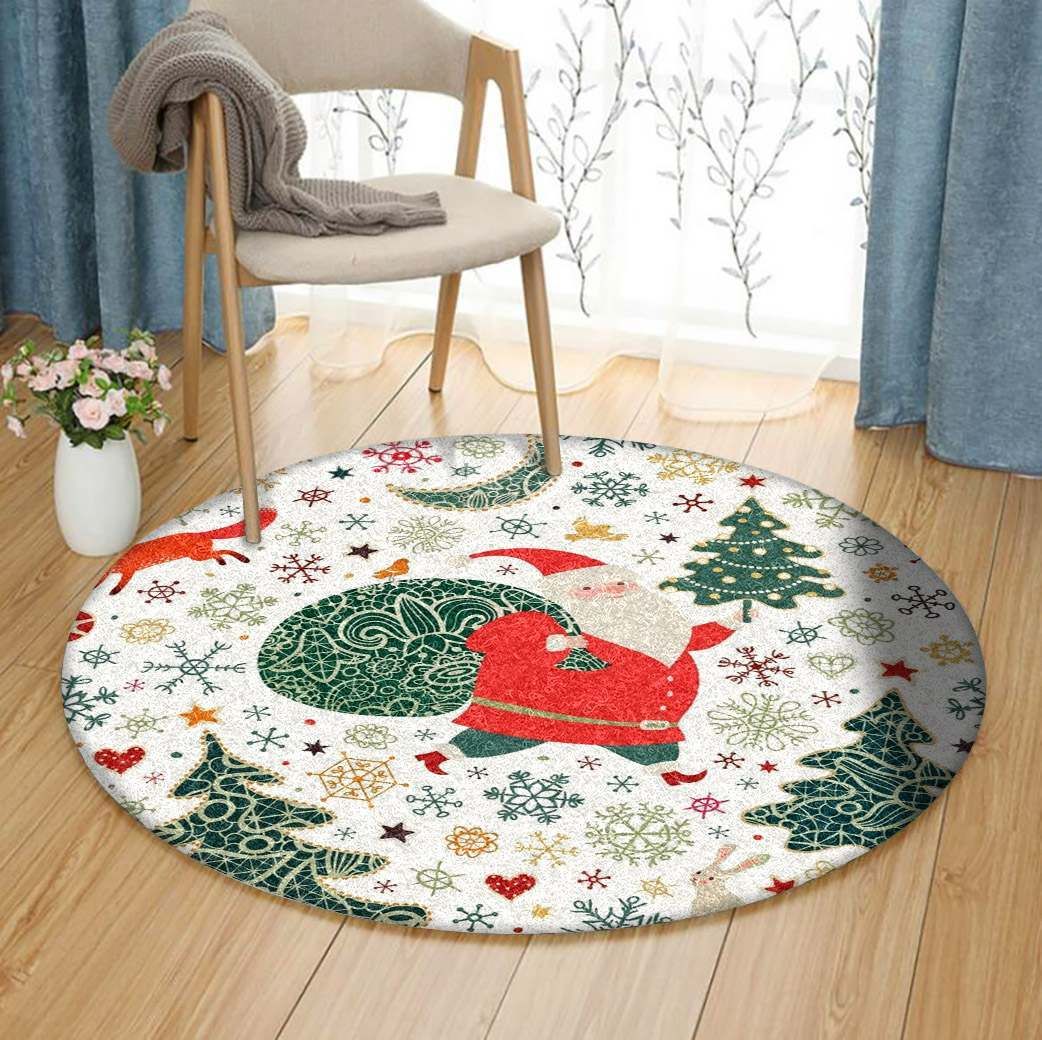 Santa Tree Fox Christmas Round Carpet