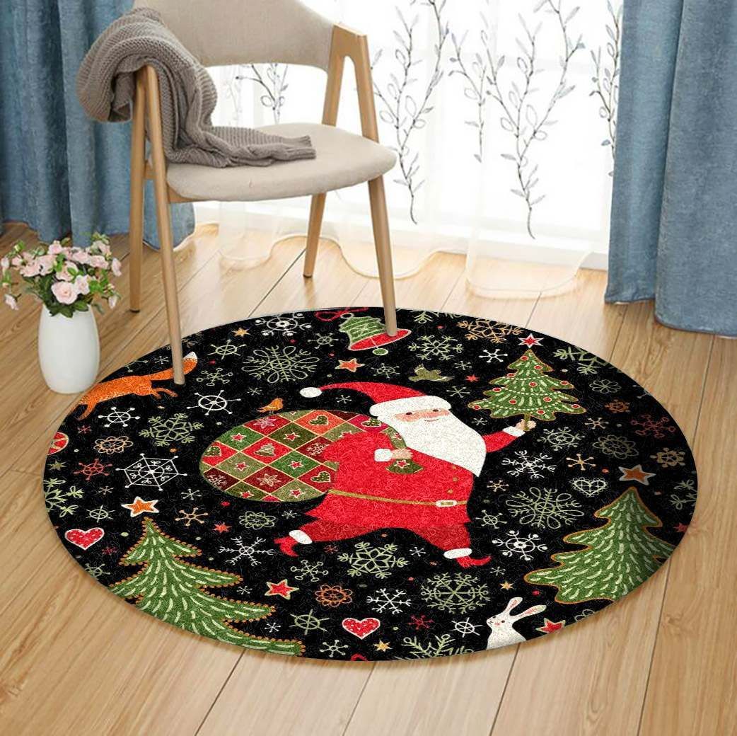 Santa Tree Fox Christmas Round Carpet