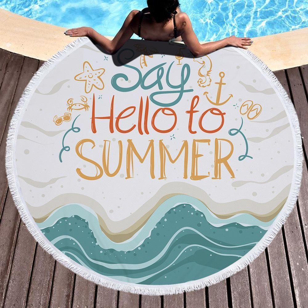 Say To Hello Summer Waves Pattern Printed Round Beach Towel