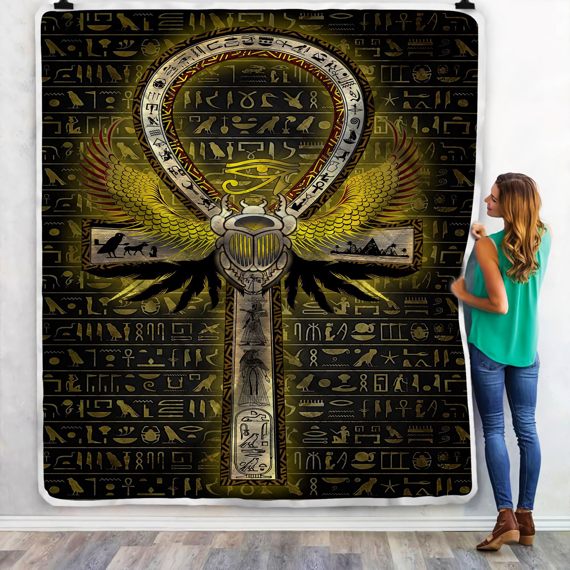 Scarab Ancient Egyptians Ankh Symbol Sherpa Fleece Blanket