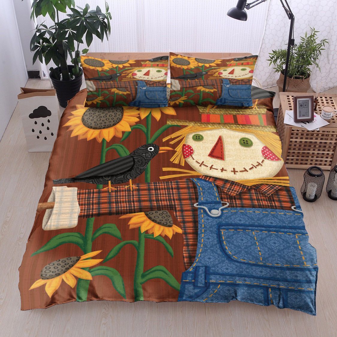 Scarecrow Straw Raven Sunflower Bedding Set
