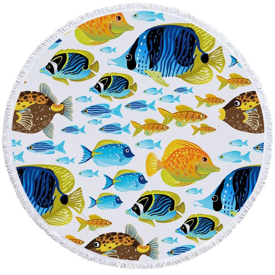 School Of Fish On White Printed Round Beach Towel