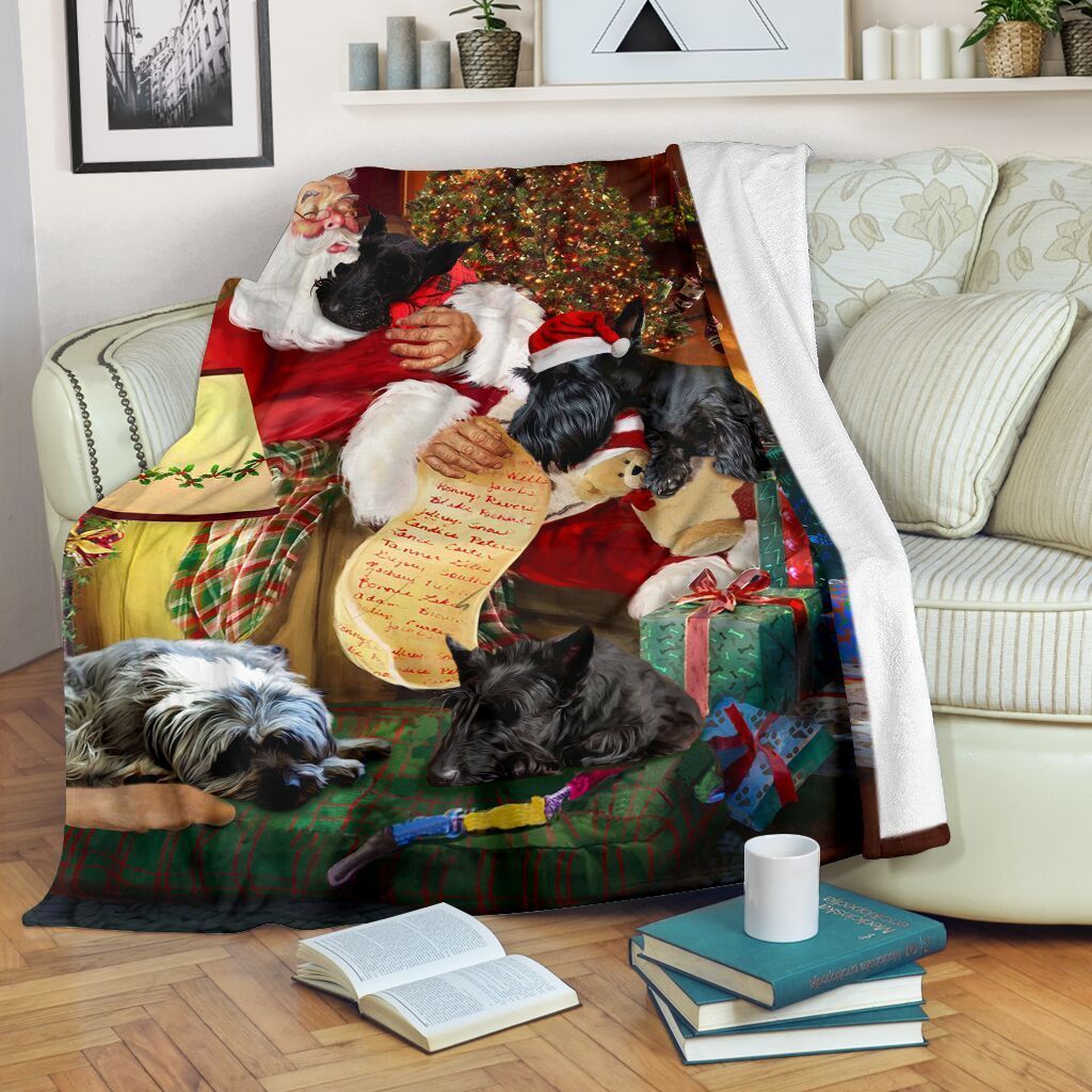 Scottish Dog Sleep With Santa Claus Sherpa Fleece Blanket