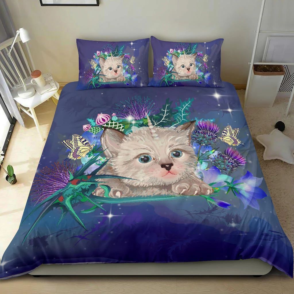 Scottish Fold Unicorn Horn And Bluebell Thistle Bedding Set