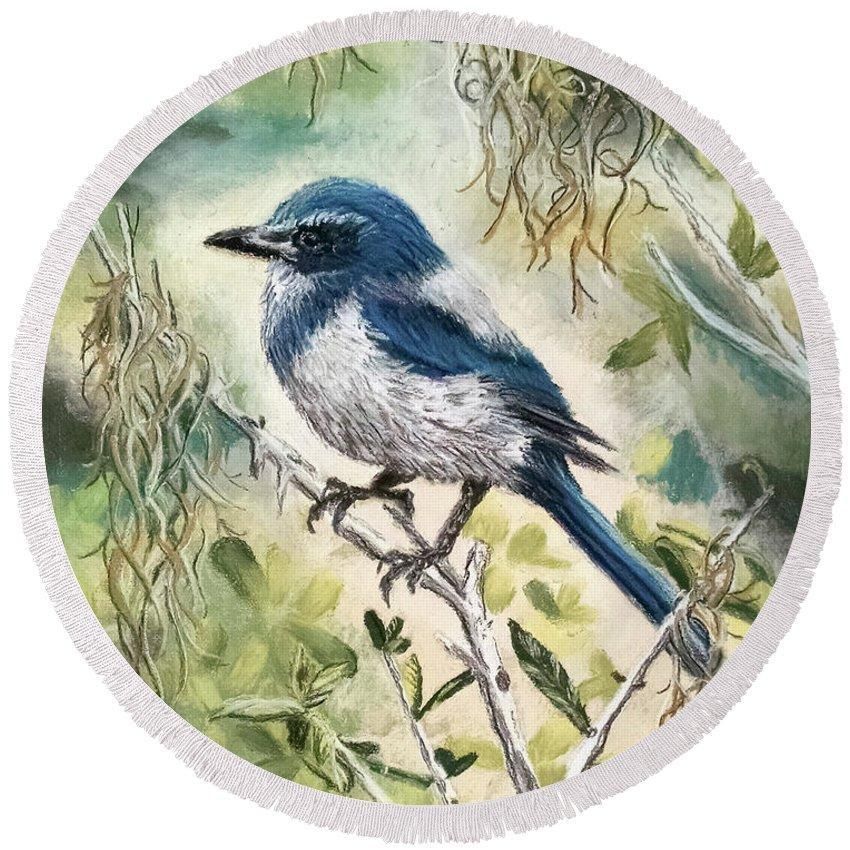 Scrub Jay And Spanish Moss Printed Round Beach Towel
