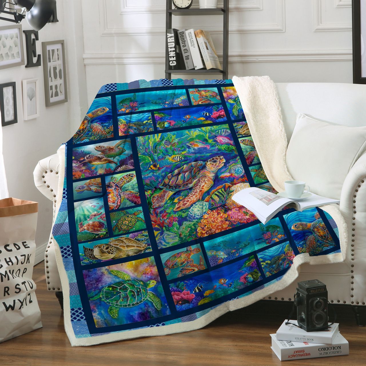 Scuba Diving Turtle Sherpa Fleece Blanket