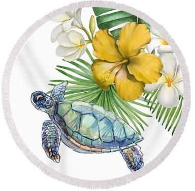 Sea Turtle And Flowers Printed Round Beach Towel