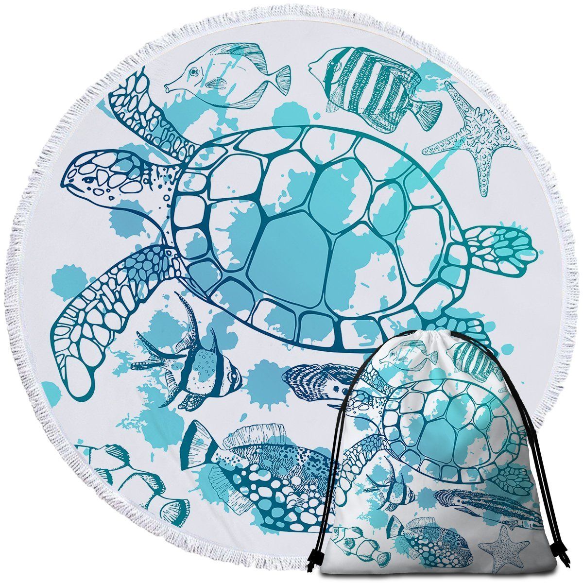 Sea Turtle And Marine Plant On White Printed Round Beach Towel