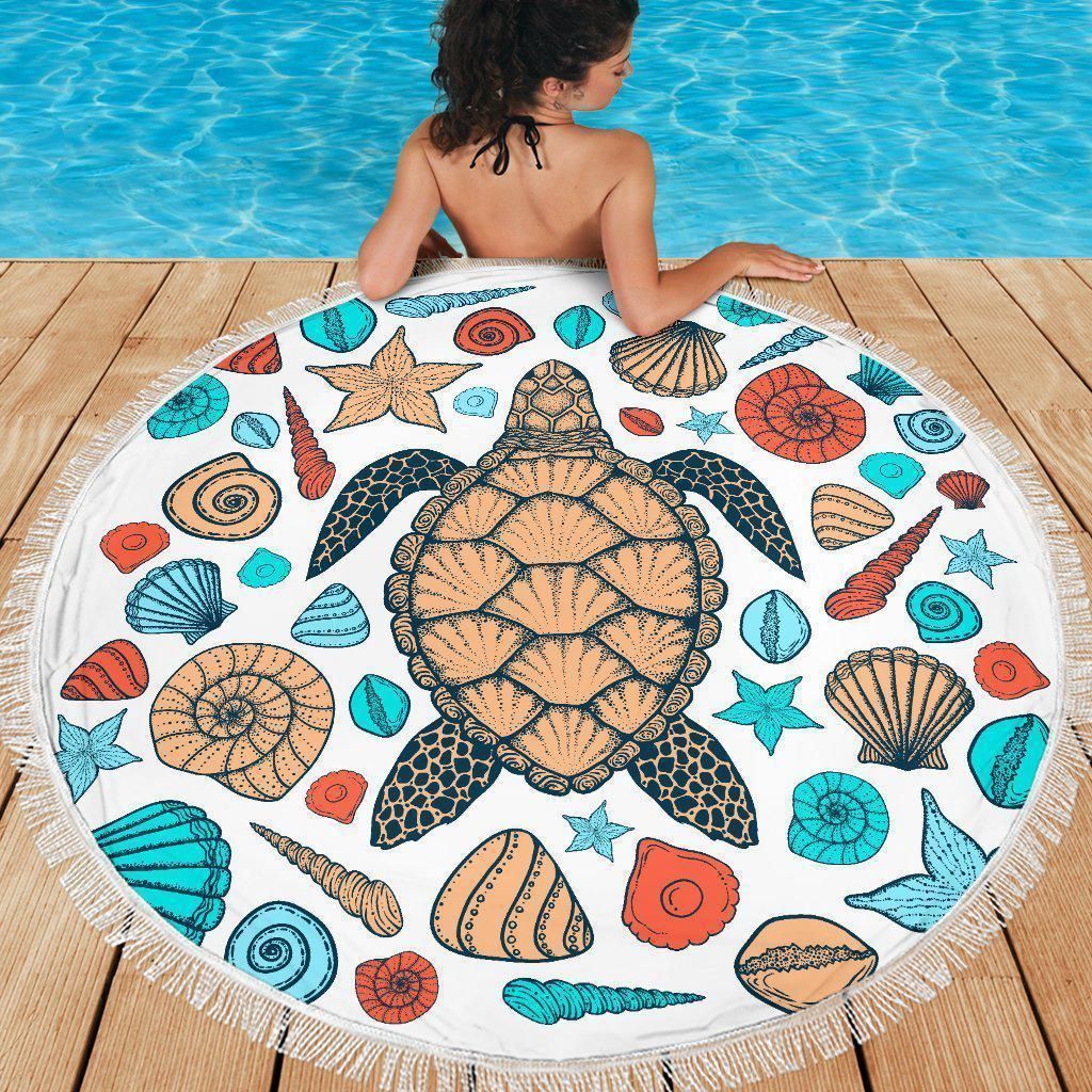 Sea Turtle And Seashells Printed Round Beach Towel