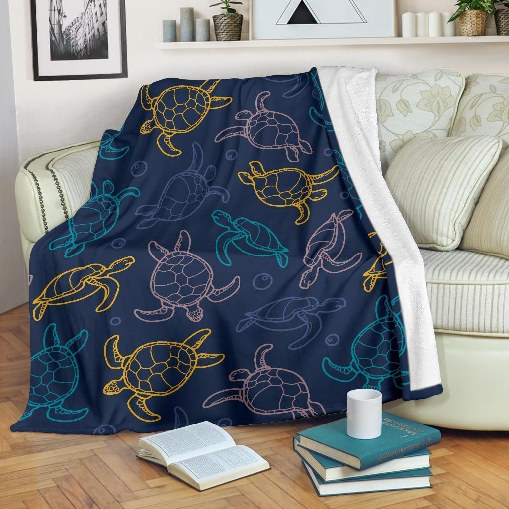 Sea Turtle Baby Print Dark Blue Fleece Blanket