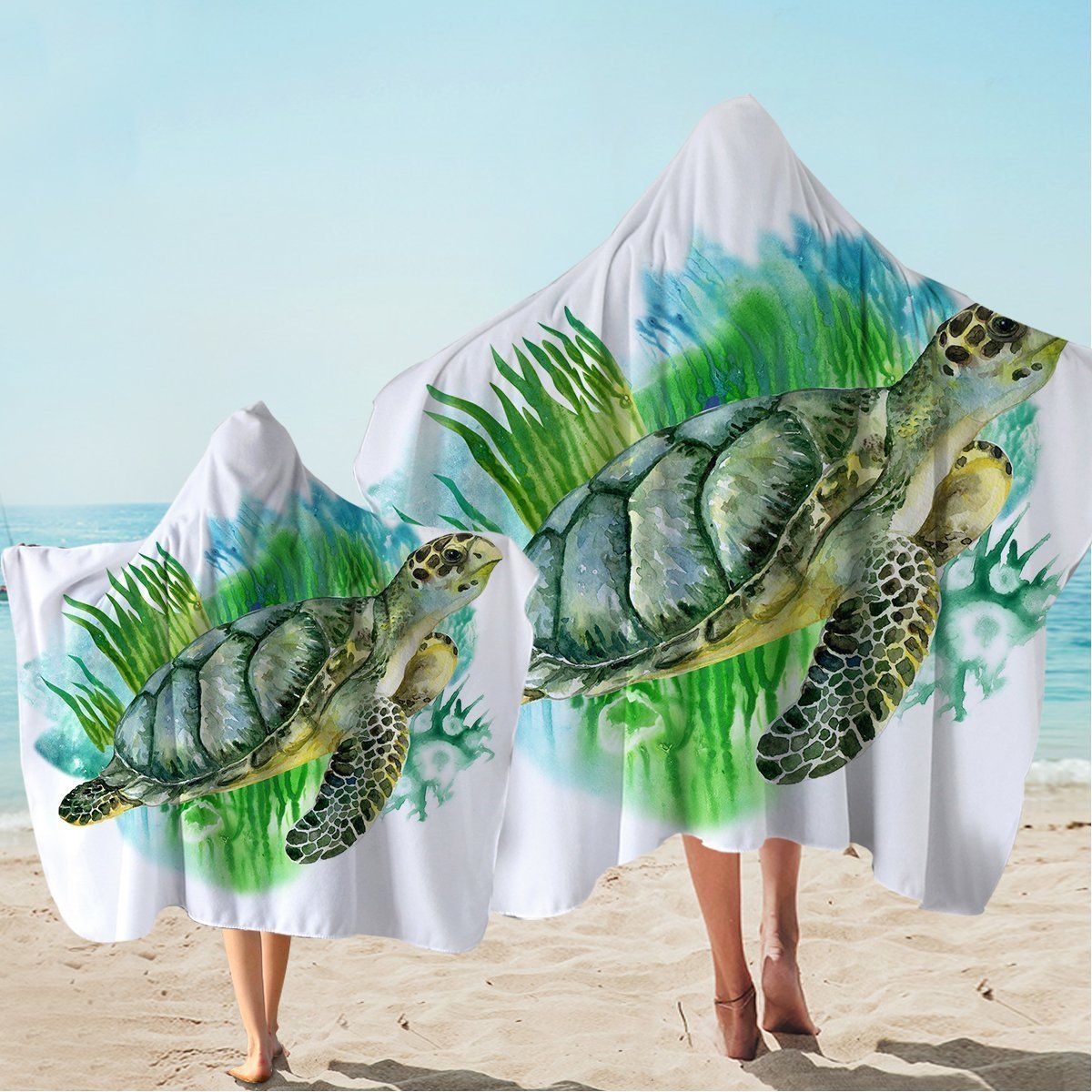 Sea Turtle Greens Leaves Pattern Hooded Towel