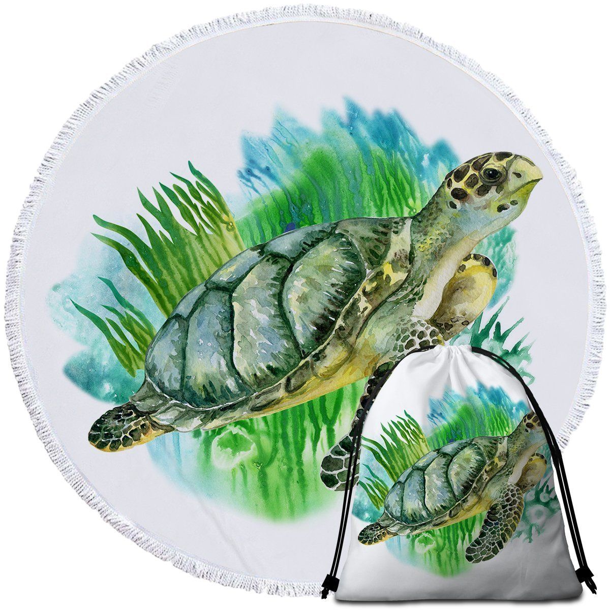 Sea Turtle Greens Printed Round Beach Towel