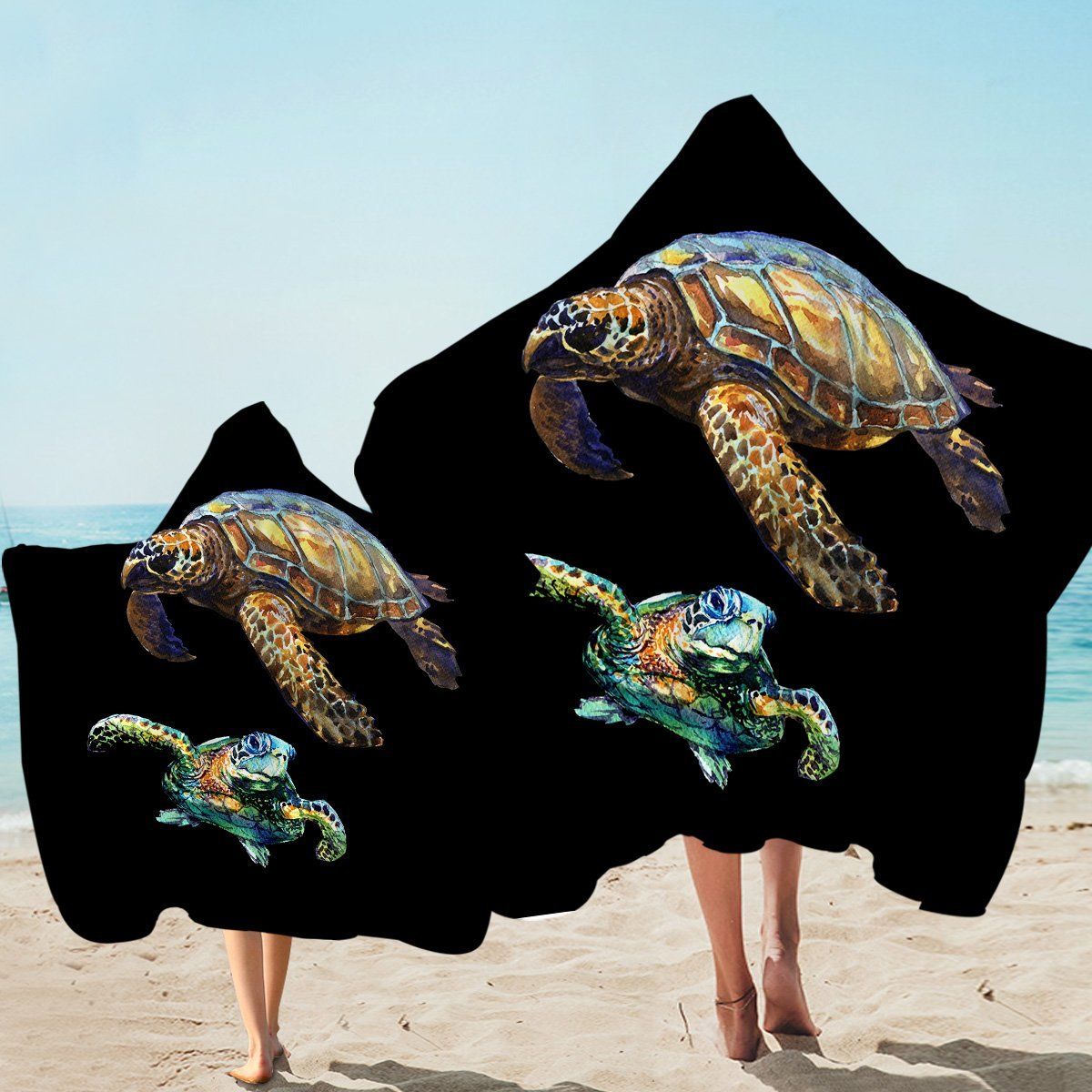Sea Turtle In Black Printed Hooded Towel