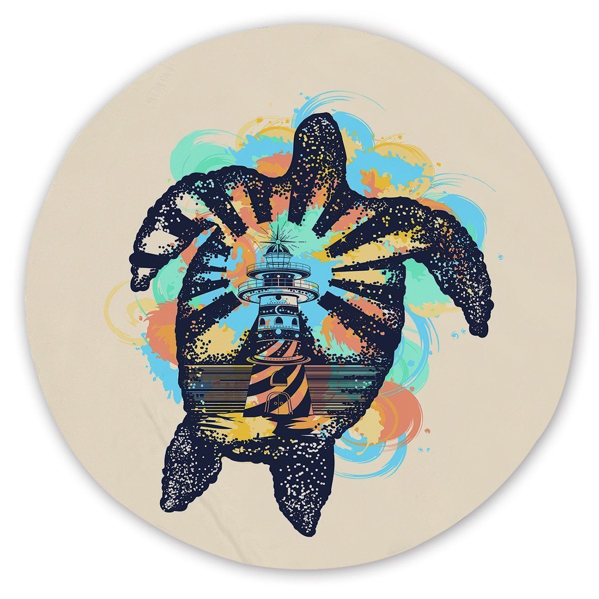 Sea Turtle Lighthouse Printed Round Beach Towel