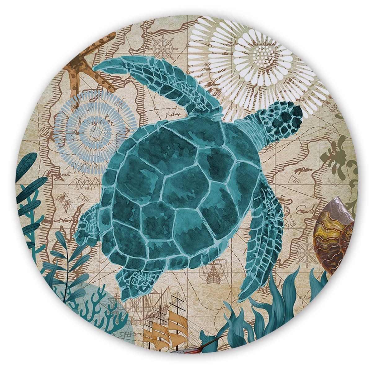 Sea Turtle Love Love Peace Printed Round Beach Towel
