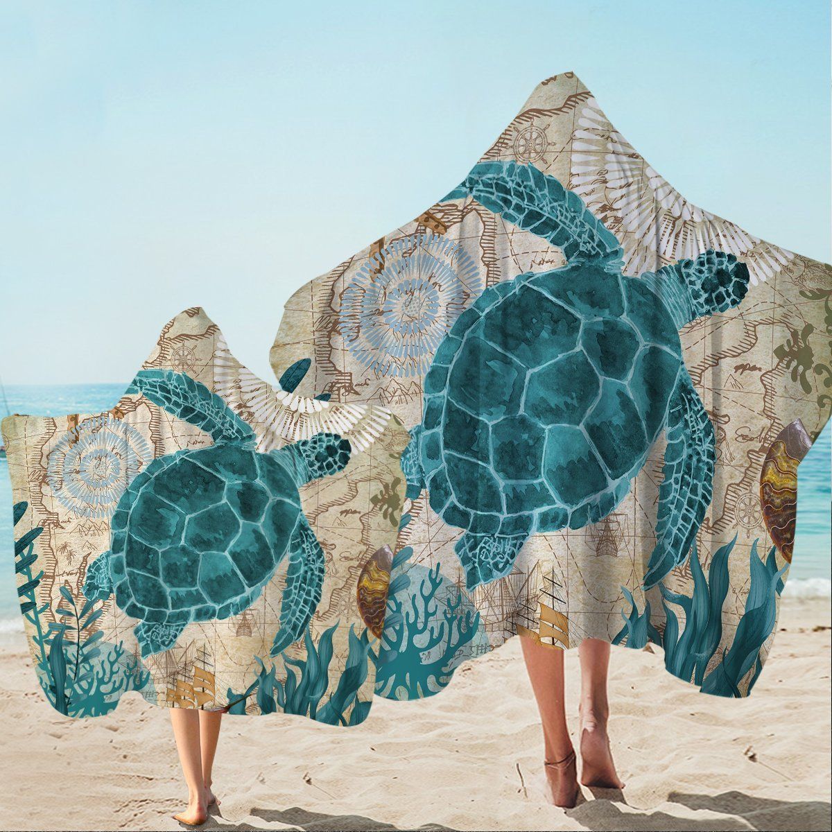 Sea Turtle Love Vintage Map Printed Hooded Towel