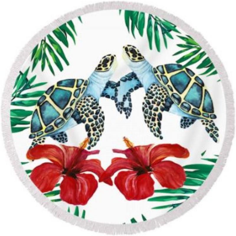 Sea Turtle Love With Hibiscus Printed Round Beach Towel