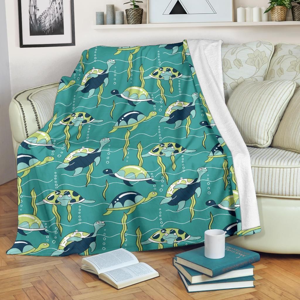 Sea Turtle Pattern Print Design Blue Fleece Blanket