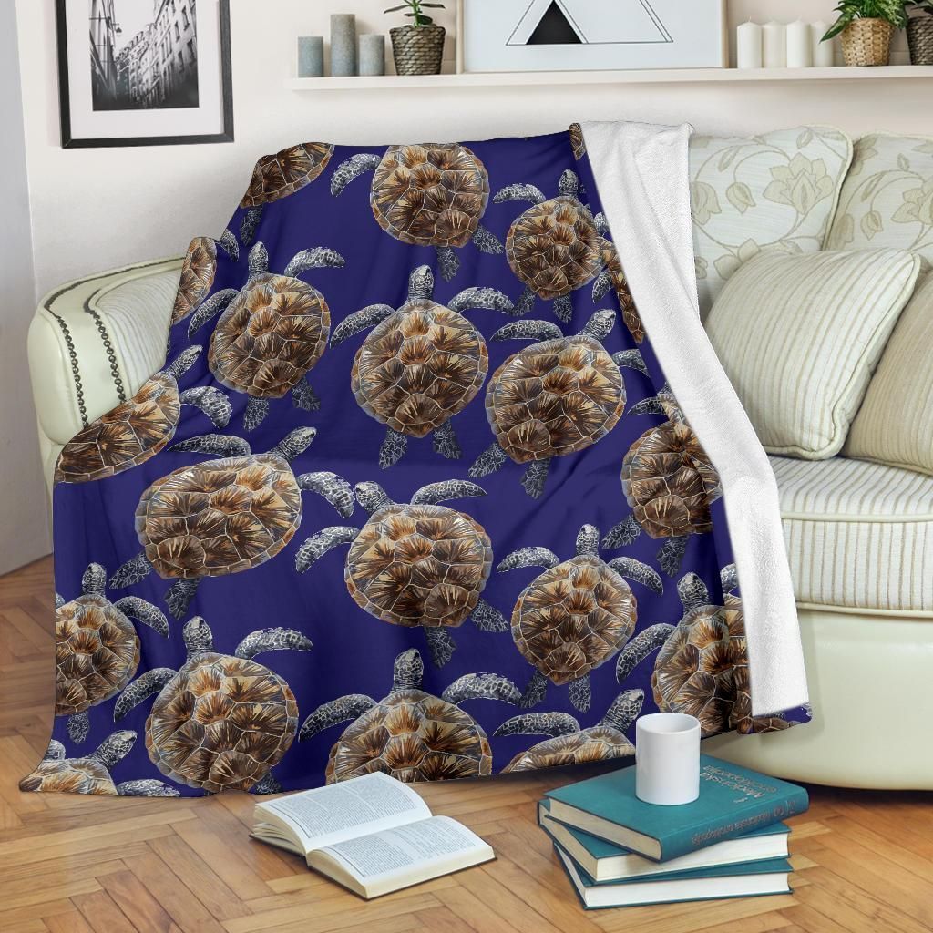 Sea Turtle Pattern Print Design Dark Blue Fleece Blanket