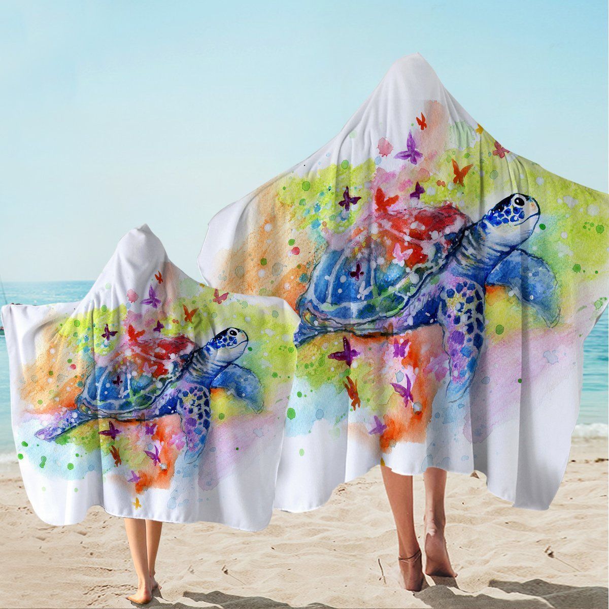 Sea Turtle Splash Color On White Printed Hooded Towel