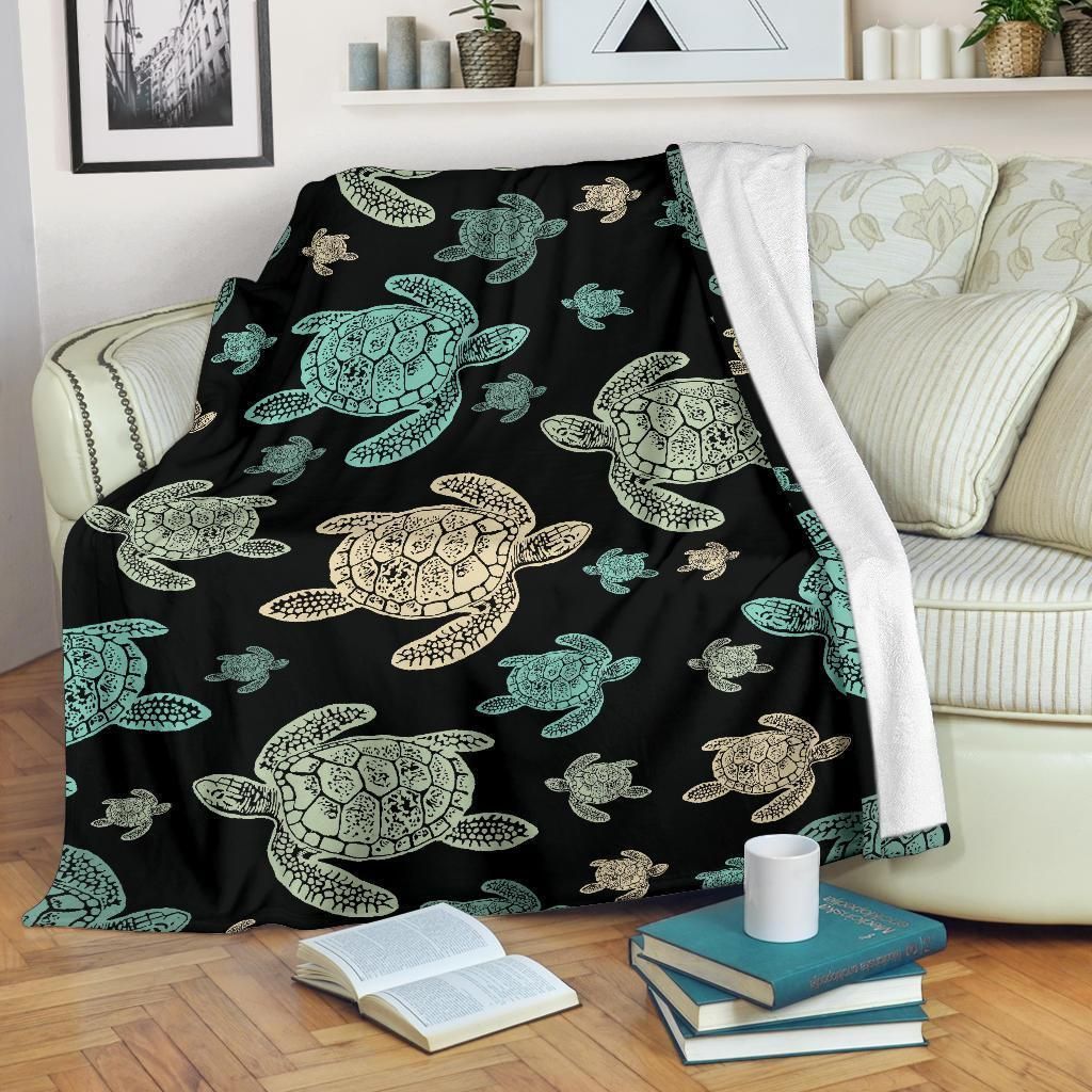 Sea Turtle Stamp Pattern Black Fleece Blanket