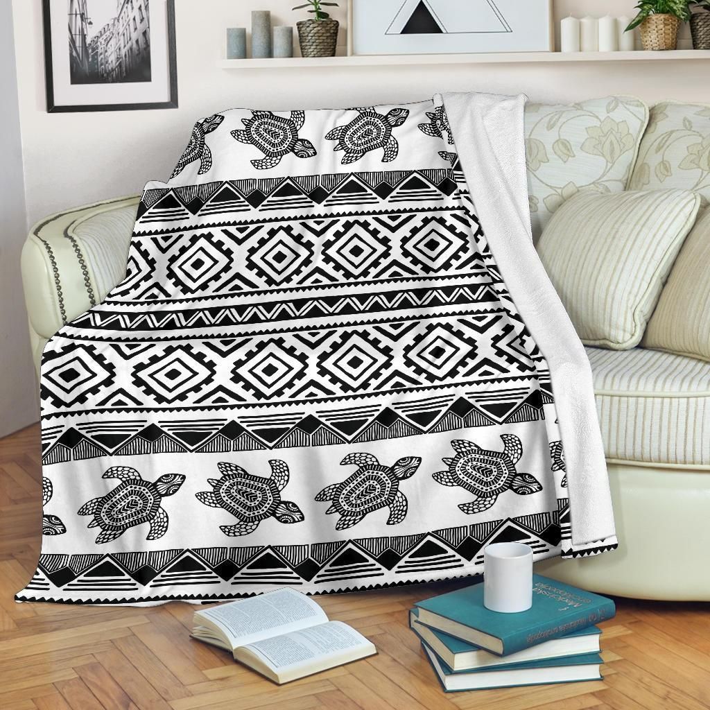 Sea Turtle Tribal Aztec Black And White Fleece Blanket