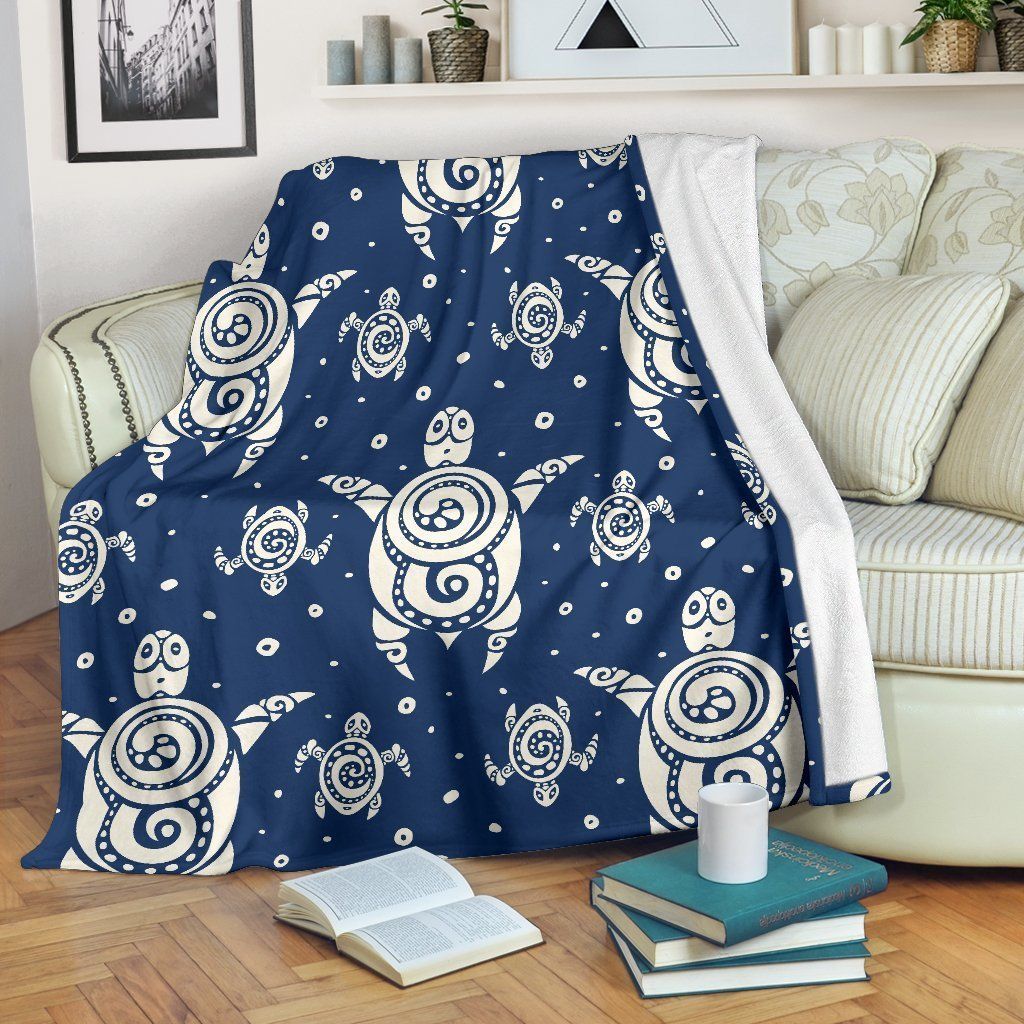 Sea Turtle Tribal Dark Blue Fleece Blanket