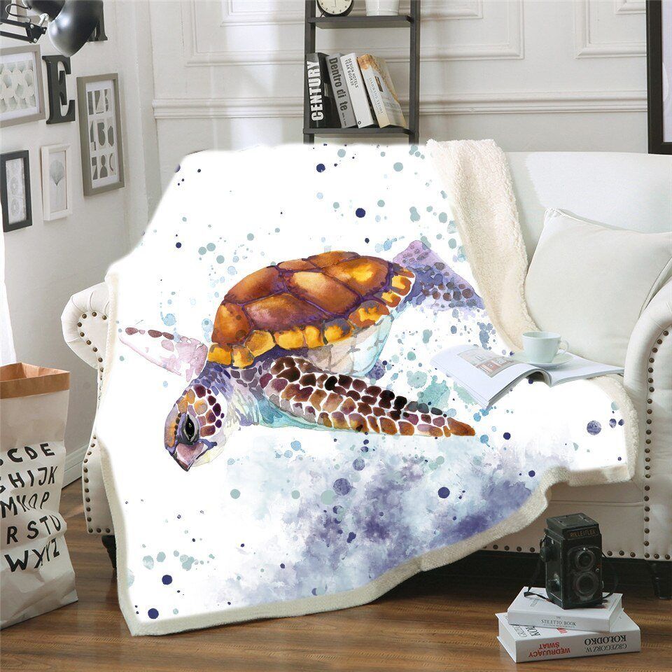 Sea Turtle Watercolored White Sherpa Fleece Blanket