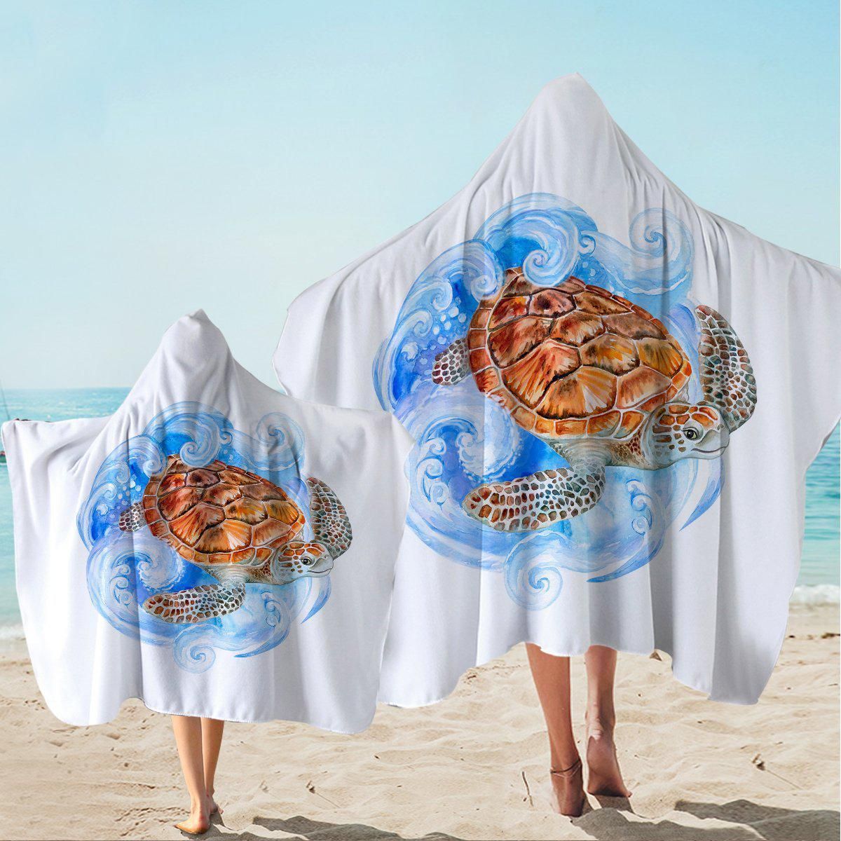 Sea Turtle Waves Illustation Printed Hooded Towel