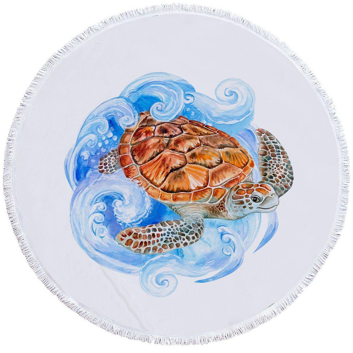 Sea Turtle Waves Printed Round Beach Towel
