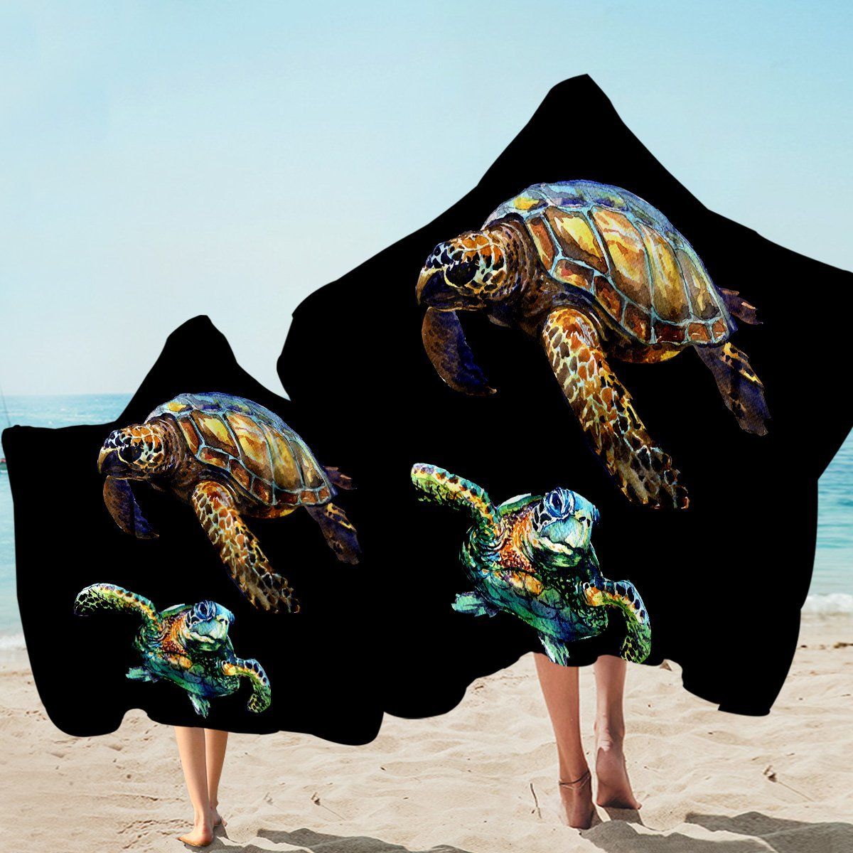 Sea Turtles Black Background Printed Hooded Towel