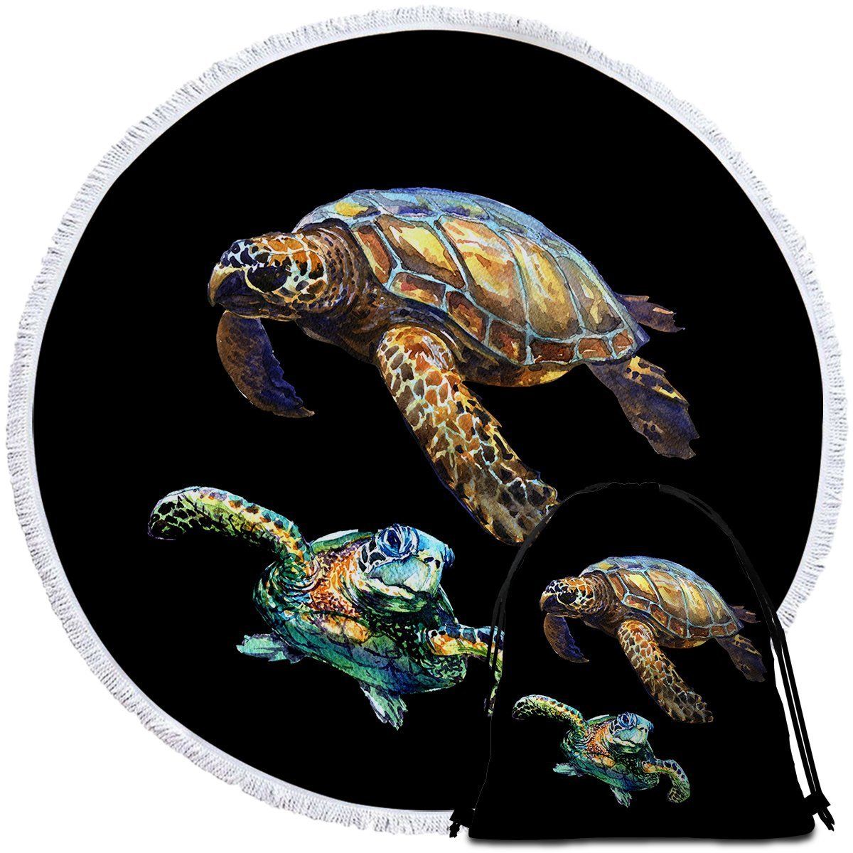 Sea Turtles In Black 3d Printed Round Beach Towel