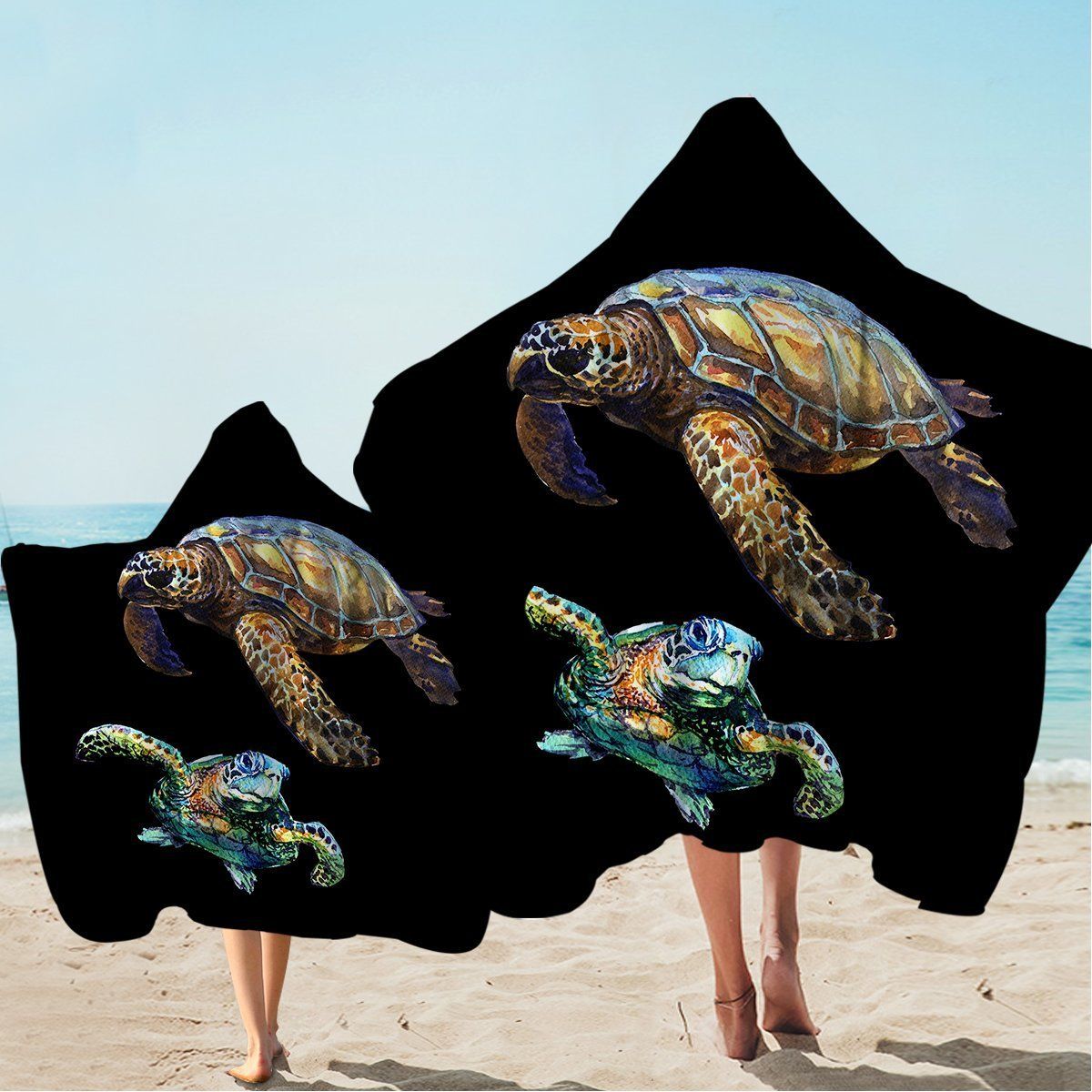 Sea Turtles In Black Printed Hooded Towel