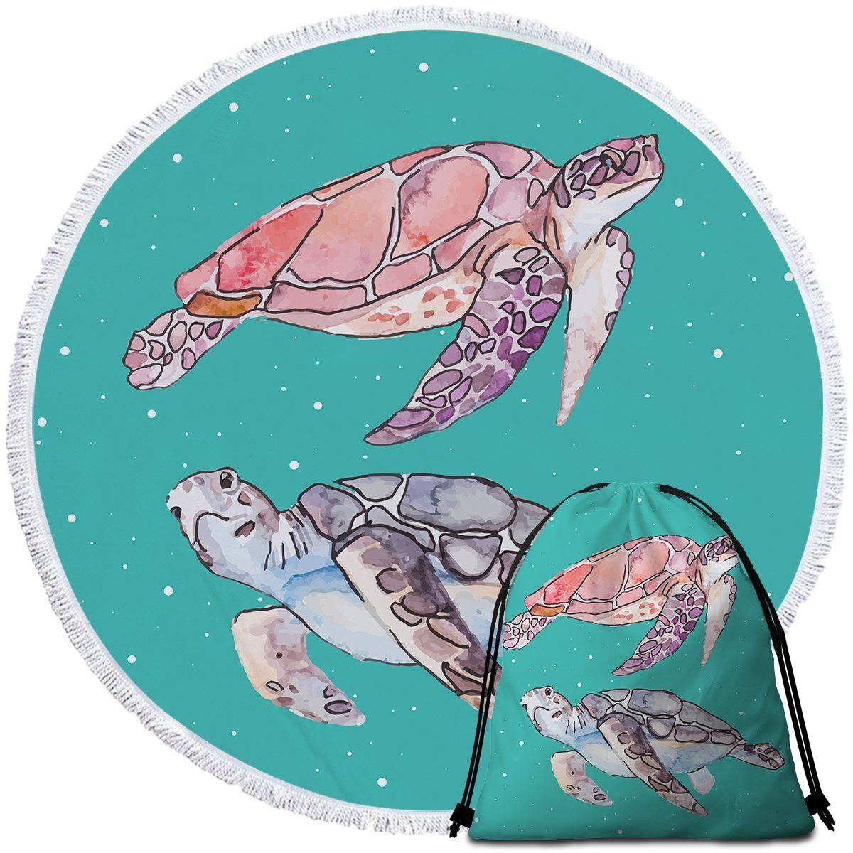 Sea Turtles In Green Printed Round Beach Towel