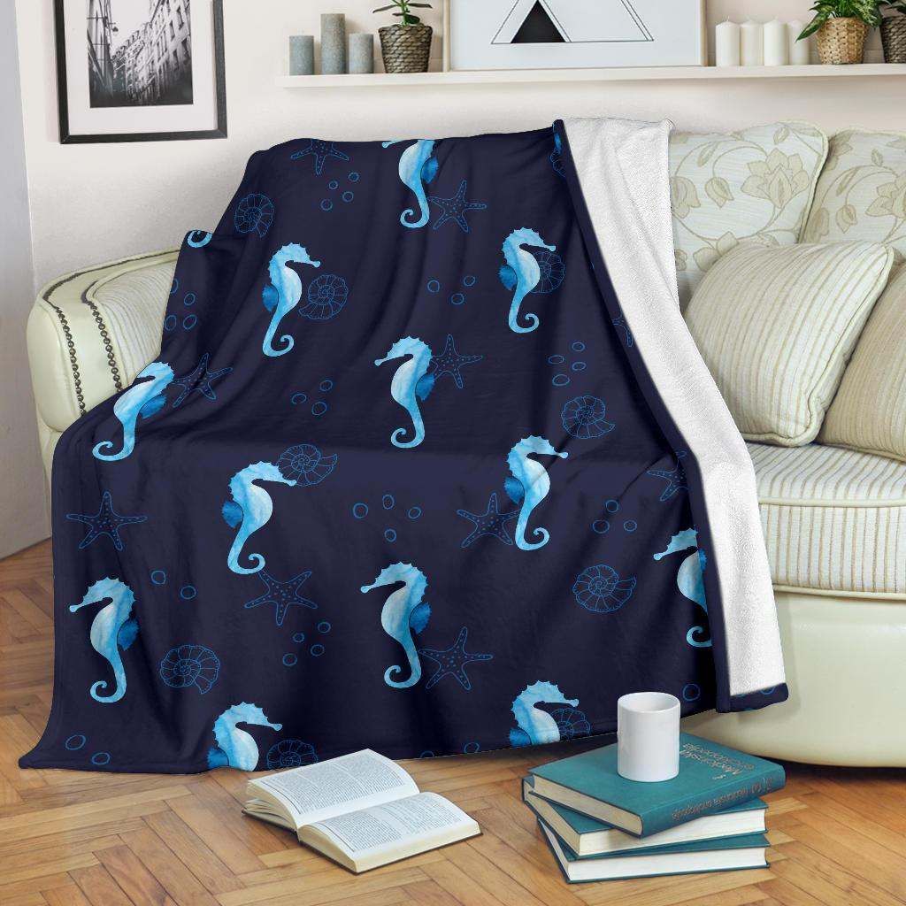 SeaHorse Blue neon Pattern Sherpa Fleece Blanket