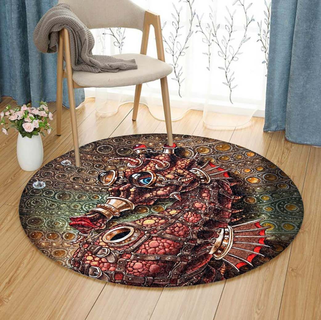 Seahorse In Steampunk Round Carpet