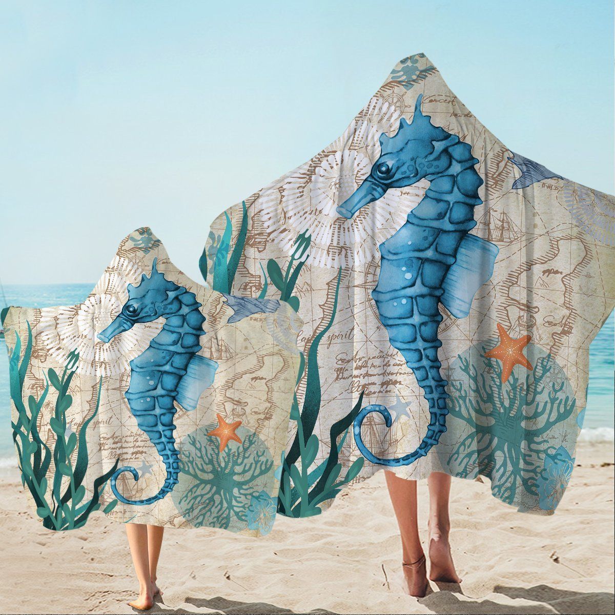 Seahorse Love Blue Vintage Map Printed Hooded Towel
