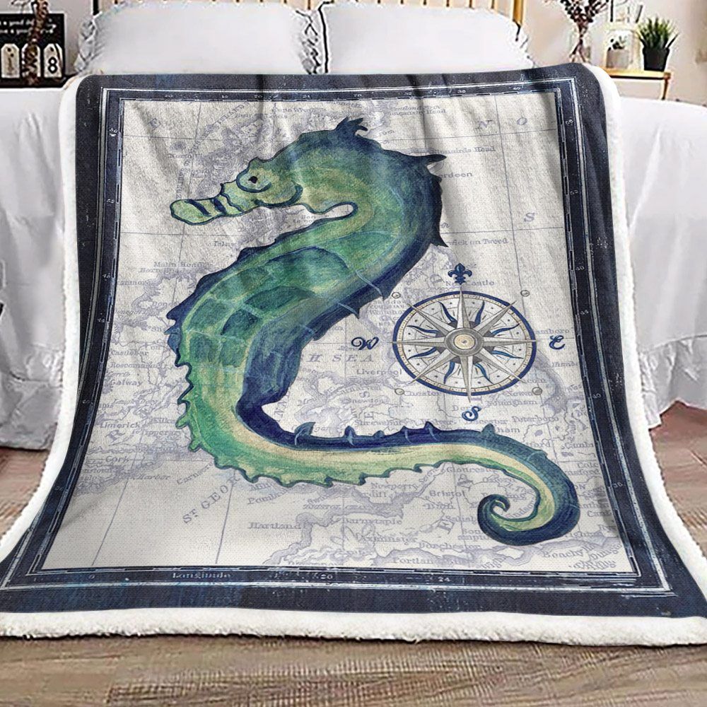 Seahorse Map Compass Sherpa Fleece Blanket