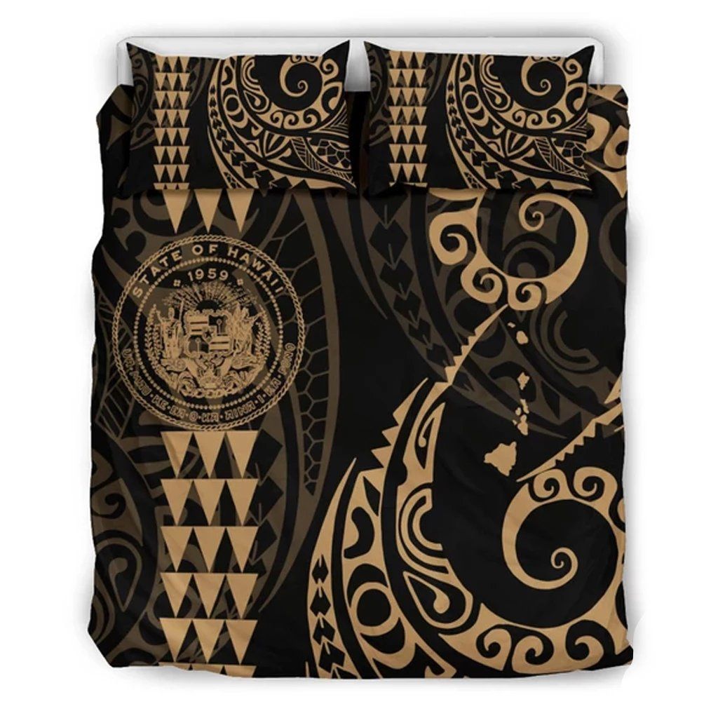 Seal Of Hawaii And Map Gold Bedding Set