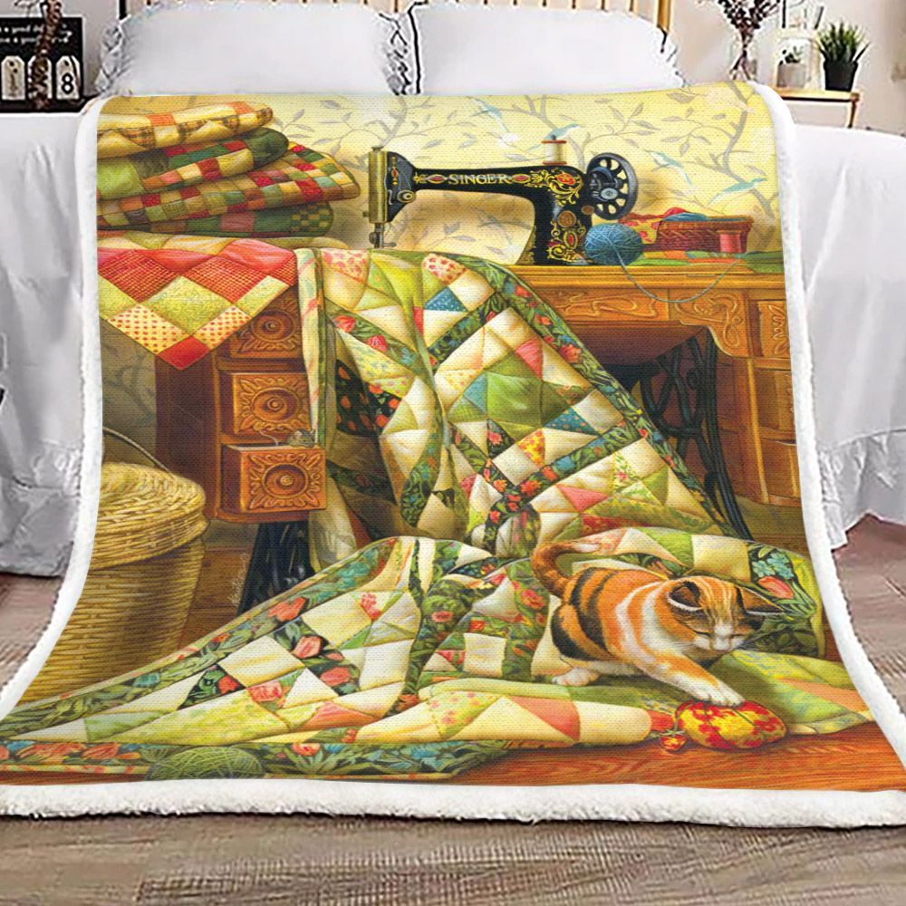 Sewing And Cat Sherpa Fleece Blanket